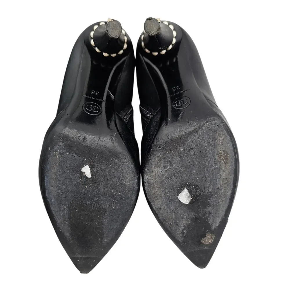Chanel Pearl Ankle Boot Black Leather Size 38 US 7 7.5